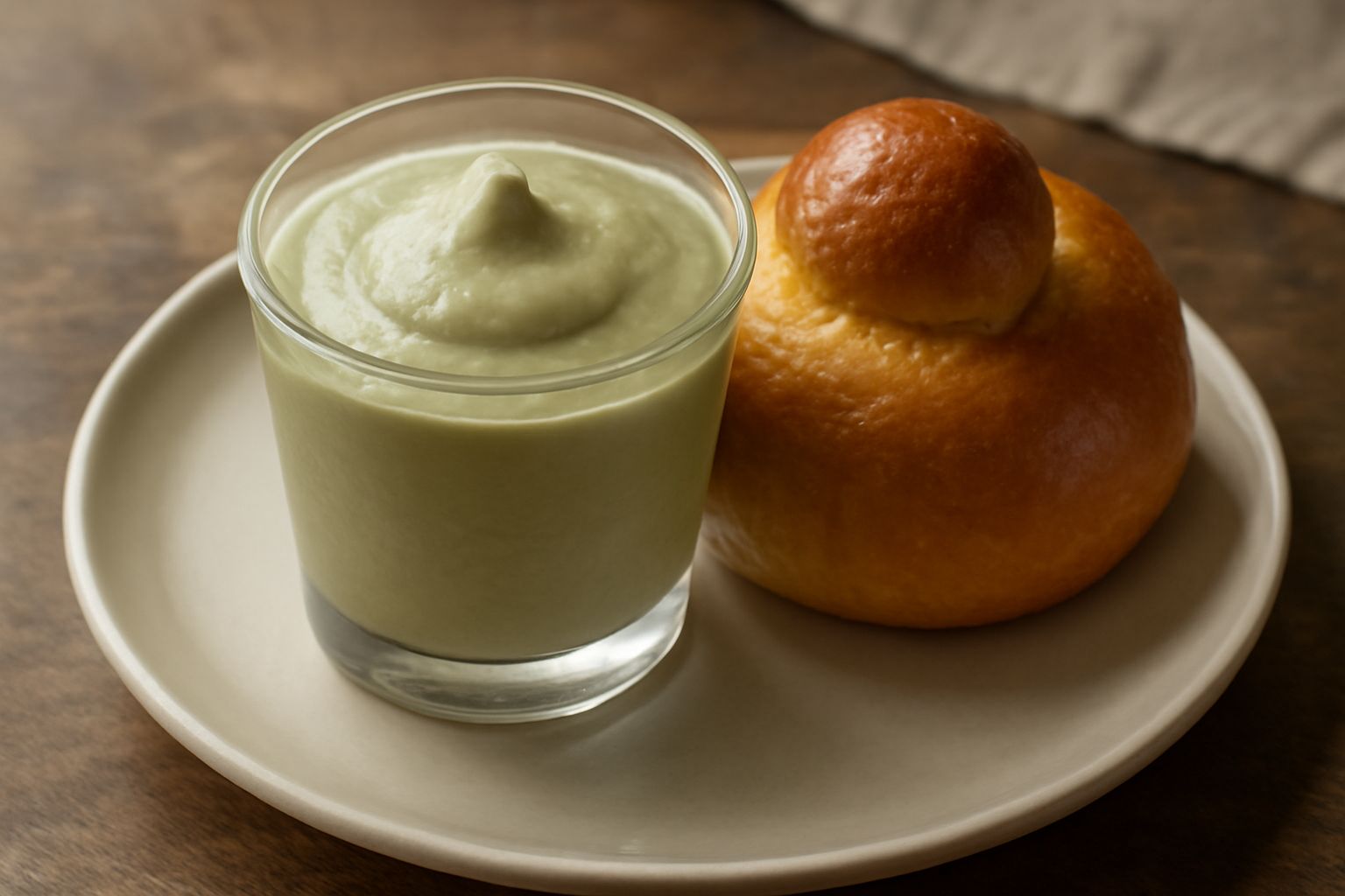 Granita di pistacchio color verde pallido servita in bicchiere trasparente alto, cremosa in superficie, con brioche soffice color dorato accanto sul piatto bianco