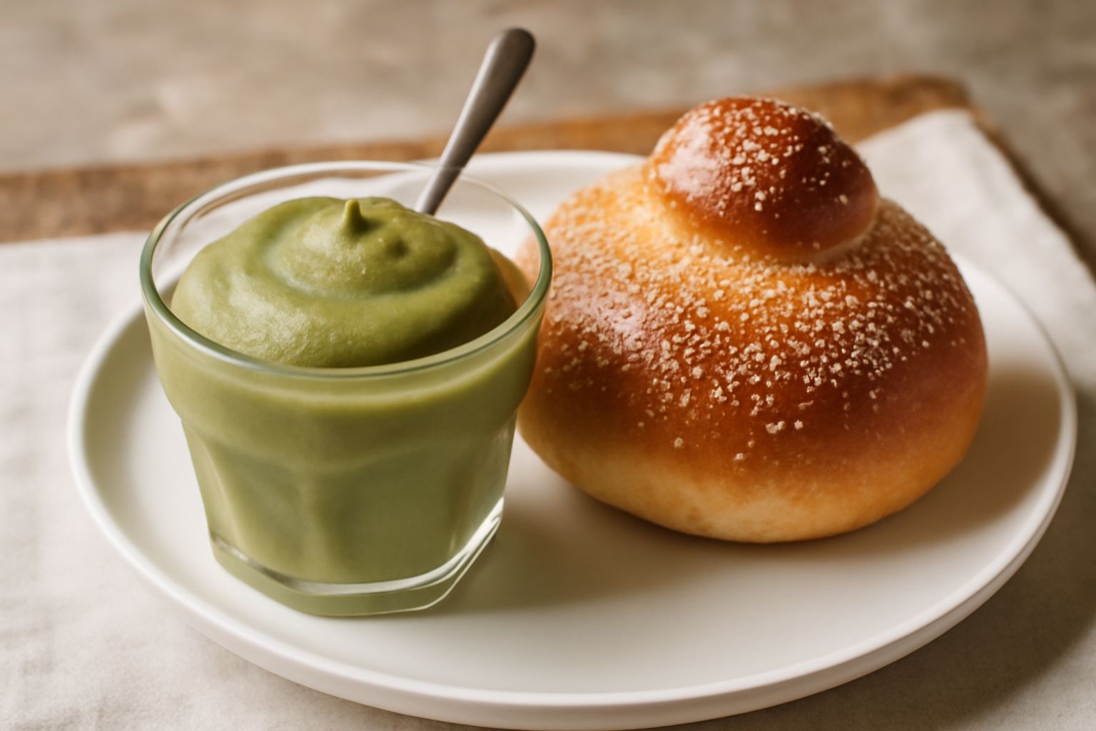 Una brioche tonda e dorata con schiena di zucchero posta in un piatto bianco, accanto una ciotola con granita verde pistacchio cremosa, con cucchiaio d'argento immerso