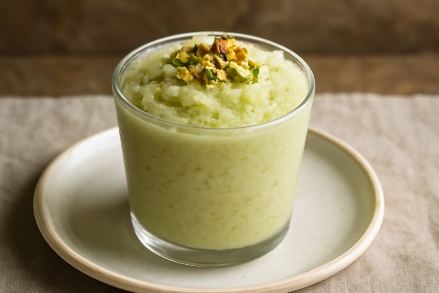 Granita di pistacchio verde pallido servita in bicchiere trasparente, con cristalli visibili in superficie, guarnita con una granella di pistacchio tostato e una foglia di menta fresca