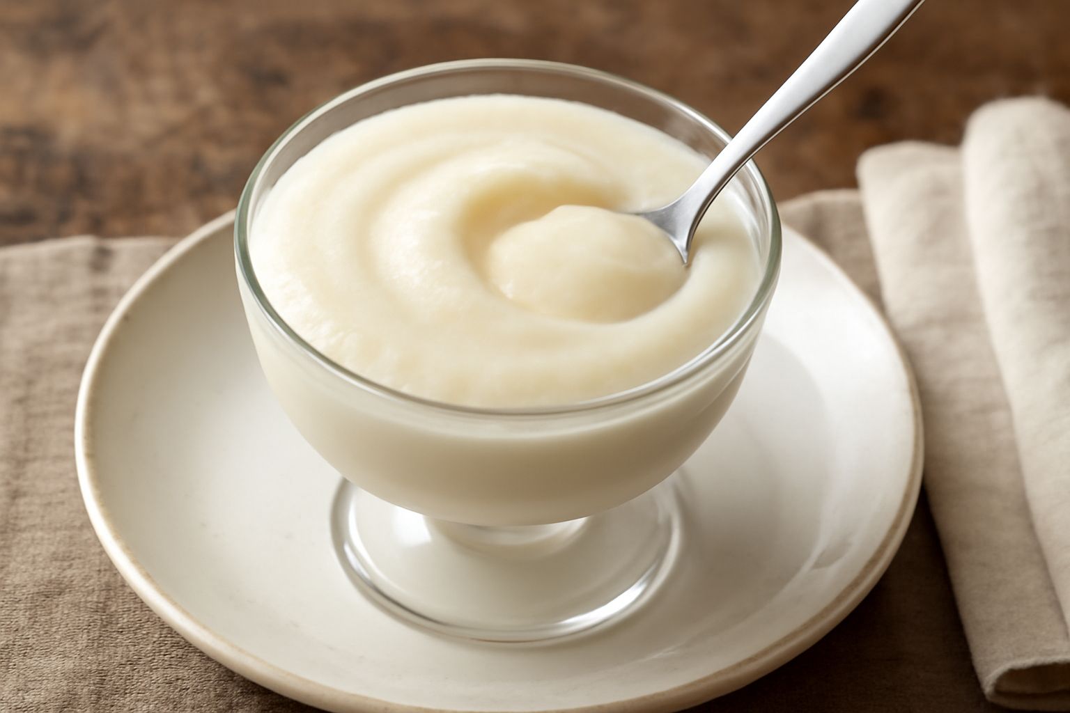 Granita di riso bianca cremosa servita in coppa di vetro con cucchiaio di metallo, ricopertura liscia e brillante, senza guarnizioni