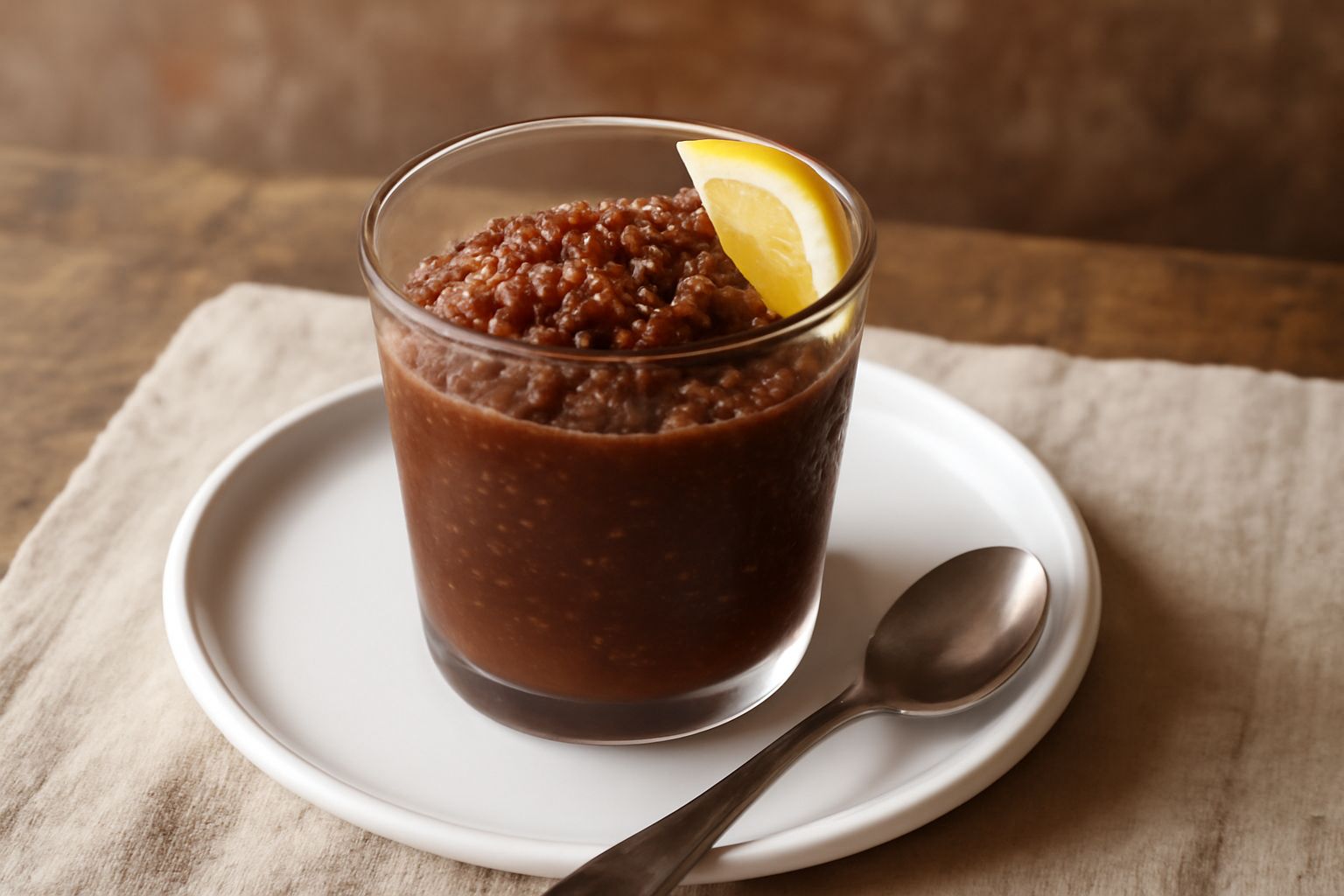 Granita di tamarindo color marrone scuro in un bicchiere trasparente, con cristalli di ghiaccio evidenti, guarnita con una fetta sottile di lime e un cucchiaio di gelato, su un tavolo luminoso con sfo