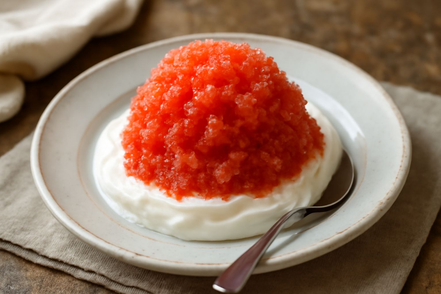Granite in bicchieri trasparenti pieni di granita cremosa color rosso fragola e verde limone, servite con cucchiaio, sopra un tavolo bianco con foglie di menta fresca