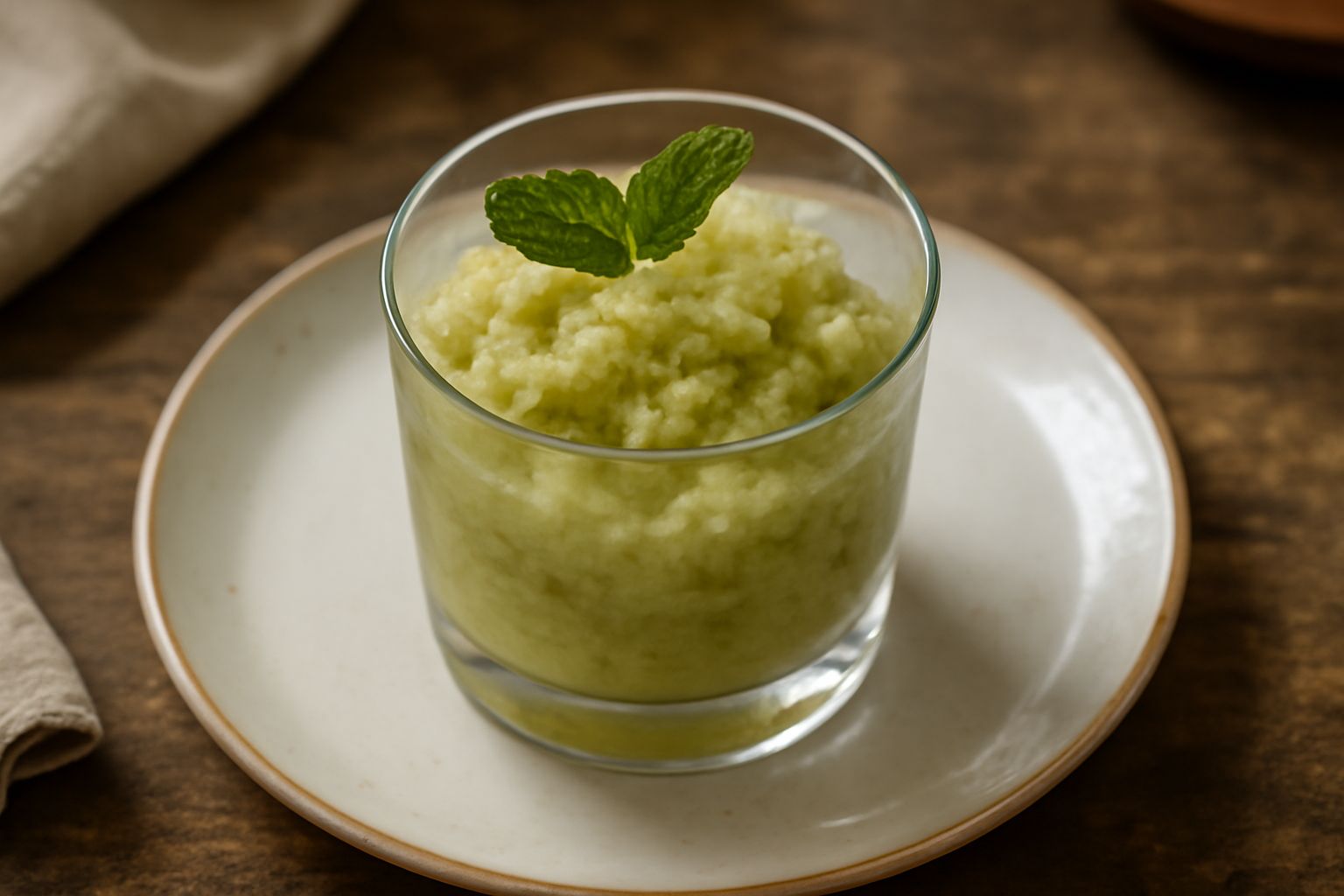 Bicchiere trasparente con granita ghiacciata di colore verde-giallognolo, con cristalli di ghiaccio visibili, guarnita con una foglia di menta fresca, su fondo bianco