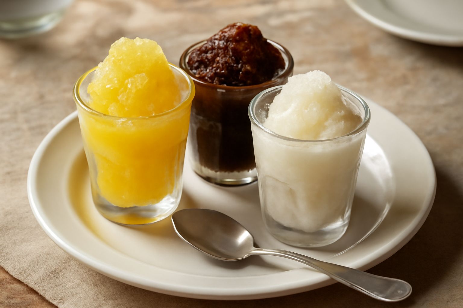Tre bicchieri di vetro con granite di colore diverso: gialla limone, marrone caffè e bianca mandorla, servite con cucchiaino e granita cristallizzata in superficie