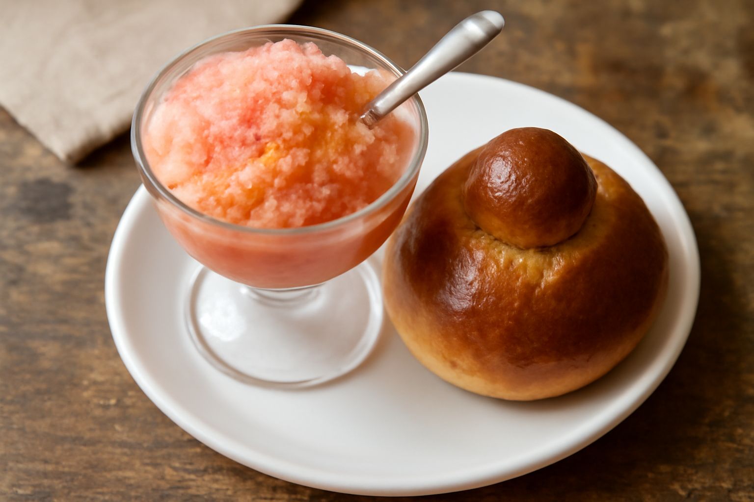 Granita cremosa color rosa pallido in coppa di vetro, servita con brioche bianca accanto, superficie granulosa e lucida, guarnita con una foglia di menta fresca