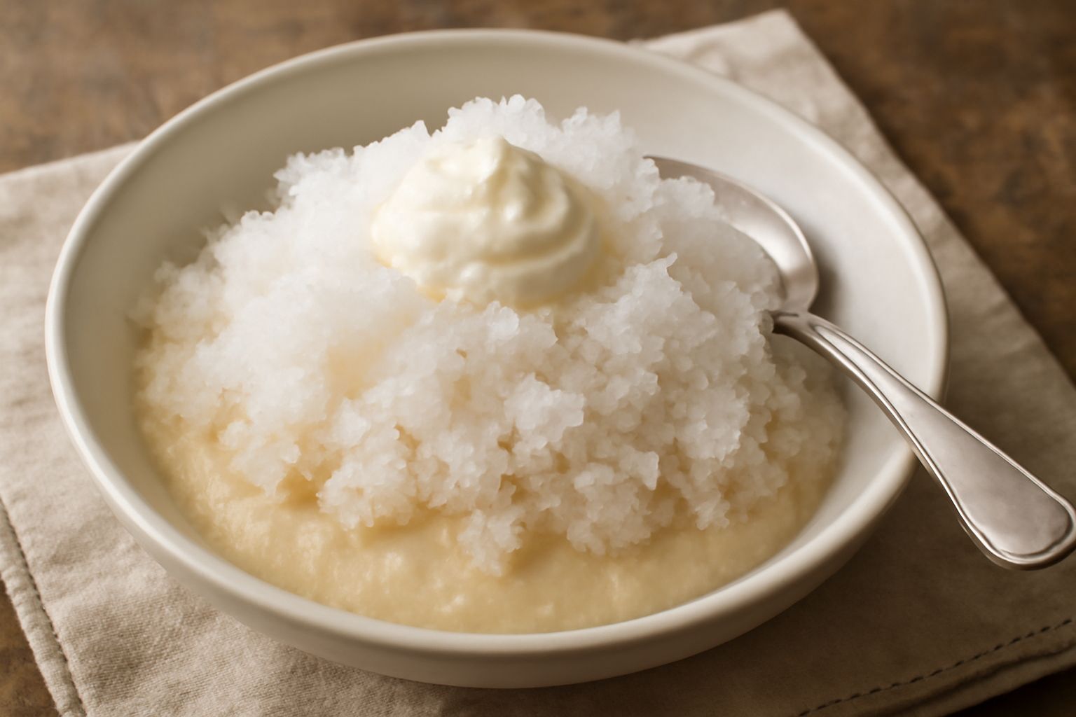 Ciotola di ceramica bianca con granite di amaretto cremosa beige, granita ghiacciata in superficie, cucchiaio di legno appoggiato, sfondo blu mare