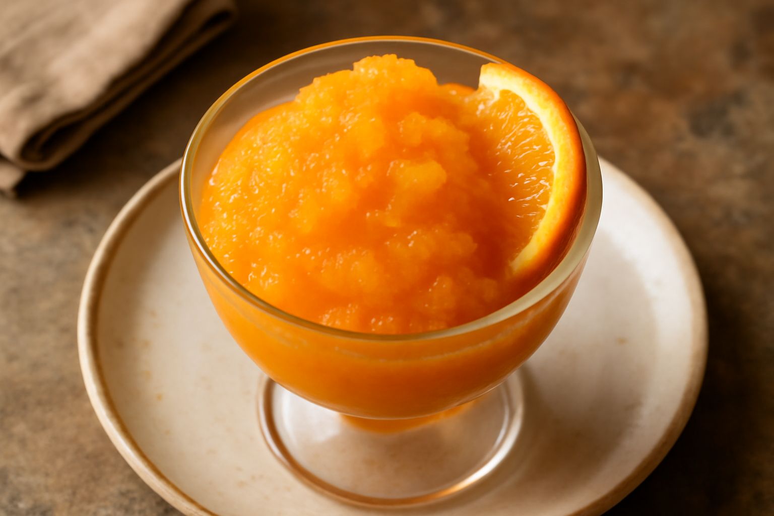 Granita di arancia di colore arancione intenso in coppa di vetro, superficie cremosa e granulosa, guarnita con una fetta di arancia fresca e foglia di menta verde