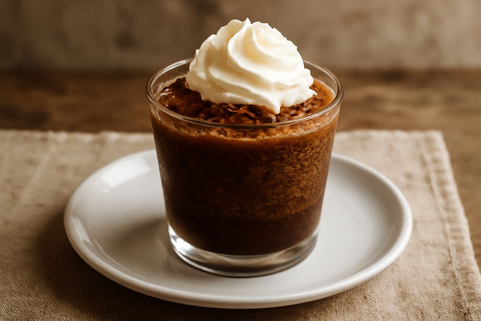 Granita di caffè in un bicchiere trasparente, colore marrone scuro uniforme, superficie ondulata e cristallina, con cacao in polvere spolverato sopra, contorno di panna montata bianca, cucchiaino dent