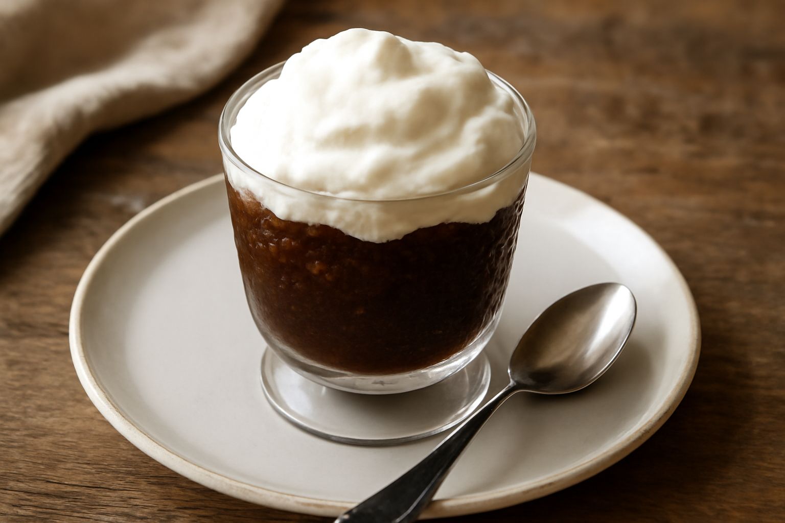 Coppa di vetro trasparente contenente granita di caffè marrone scuro con cristalli visibili, ricoperta da un strato generoso di panna bianca montata, servita con cucchiaio da granita sulla sinistra