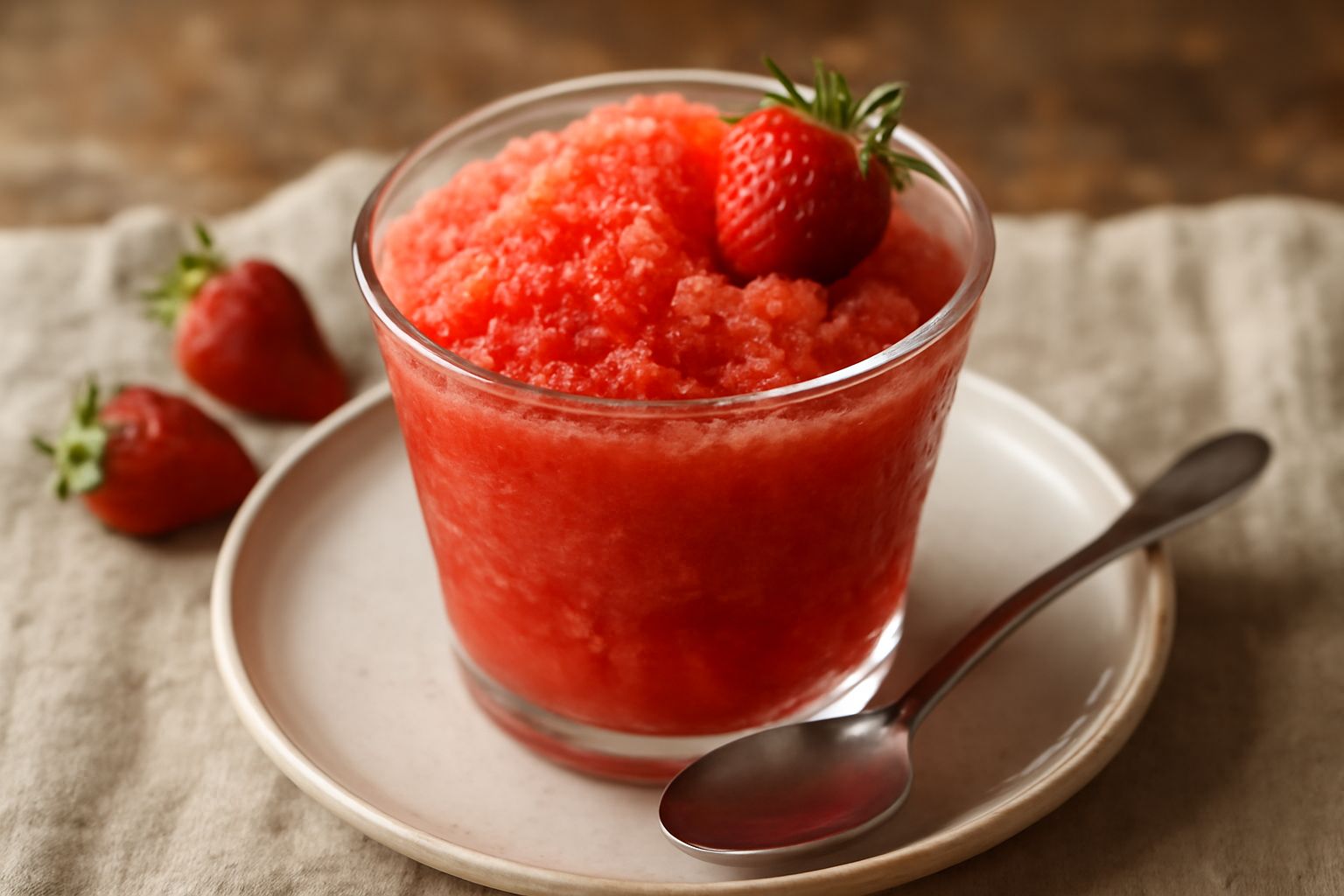 Granite di fragola in bicchiere trasparente, rosso brillante con cristalli di ghiaccio, granita grattata con cucchiaino, fragole fresche a fette sul bordo, tavolo bianco sotto luce naturale