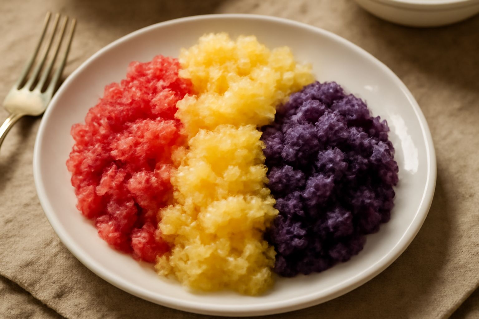 Ciotola di granita ai frutti rossi con cristalli di ghiaccio cremosi di colore rosa acceso, servita in una coppa di vetro con cucchiaio di metallo, guarnita con una foglia di menta fresca