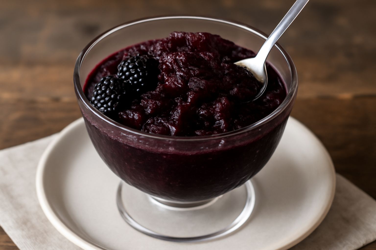 Granita di gelsi di colore viola scuro in coppa di vetro, cremosa e semi-ghiacciata, servita con un cucchiaino di metallo, ghiaccio tritato visibile in superficie