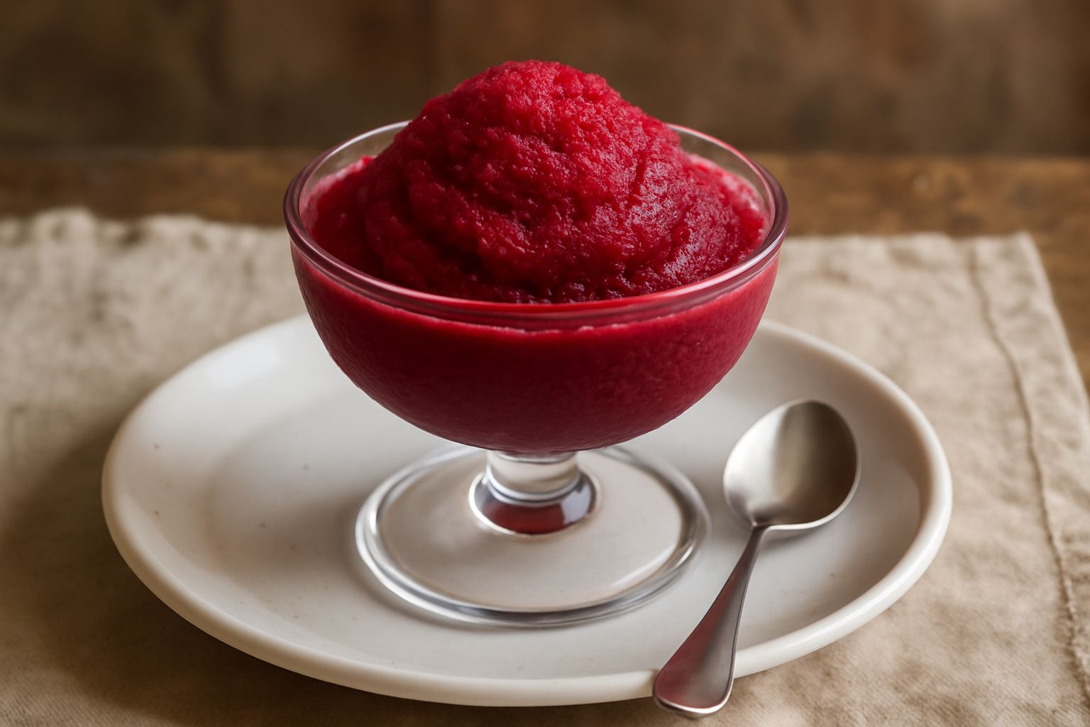 Una coppa di vetro con granite di gelso color magenta intenso, cremose e granulari, guarnita con tre frutti di gelso rossi e foglie di menta fresca, servita con cucchiaino