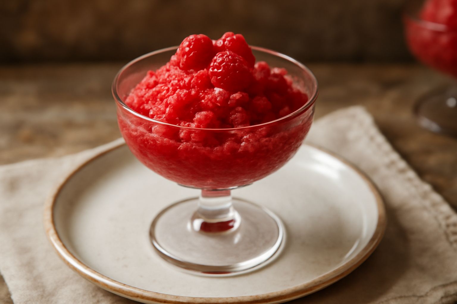 Coppa in vetro trasparente con granita di lampone rosso intenso, texture granulosa visibile, guarnita con lampone fresco in cima e cucchiaio, sfondo neutro
