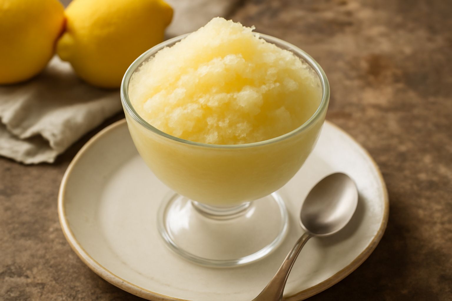 Coppa di granita di limone color giallo pallido con cristalli visibili, granita spalmata con cucchiaio in rilievo, servita su fondo bianco con sfondo sfocato grigio
