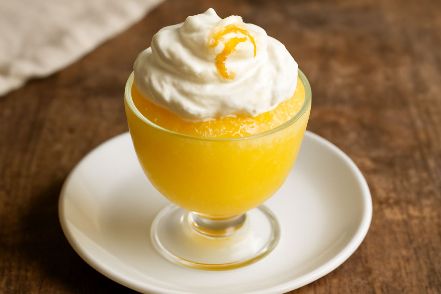 Coppa di vetro trasparente riempita di granita gialla limone con cristalli di ghiaccio fini e lucenti, ricoperta di panna bianca montata leggermente ondulata in cima, con una sottile scorza di limone 