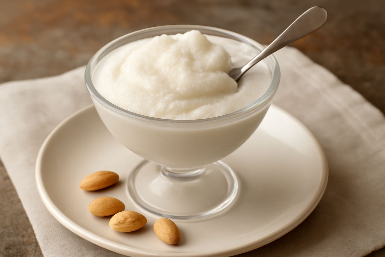 Granita di mandorla bianca in coppa di vetro trasparente, servita fredda con grana di ghiaccio visibile e colore panna, accompagnata da mandorle intere sgusciate sulla superficie, fondo neutro