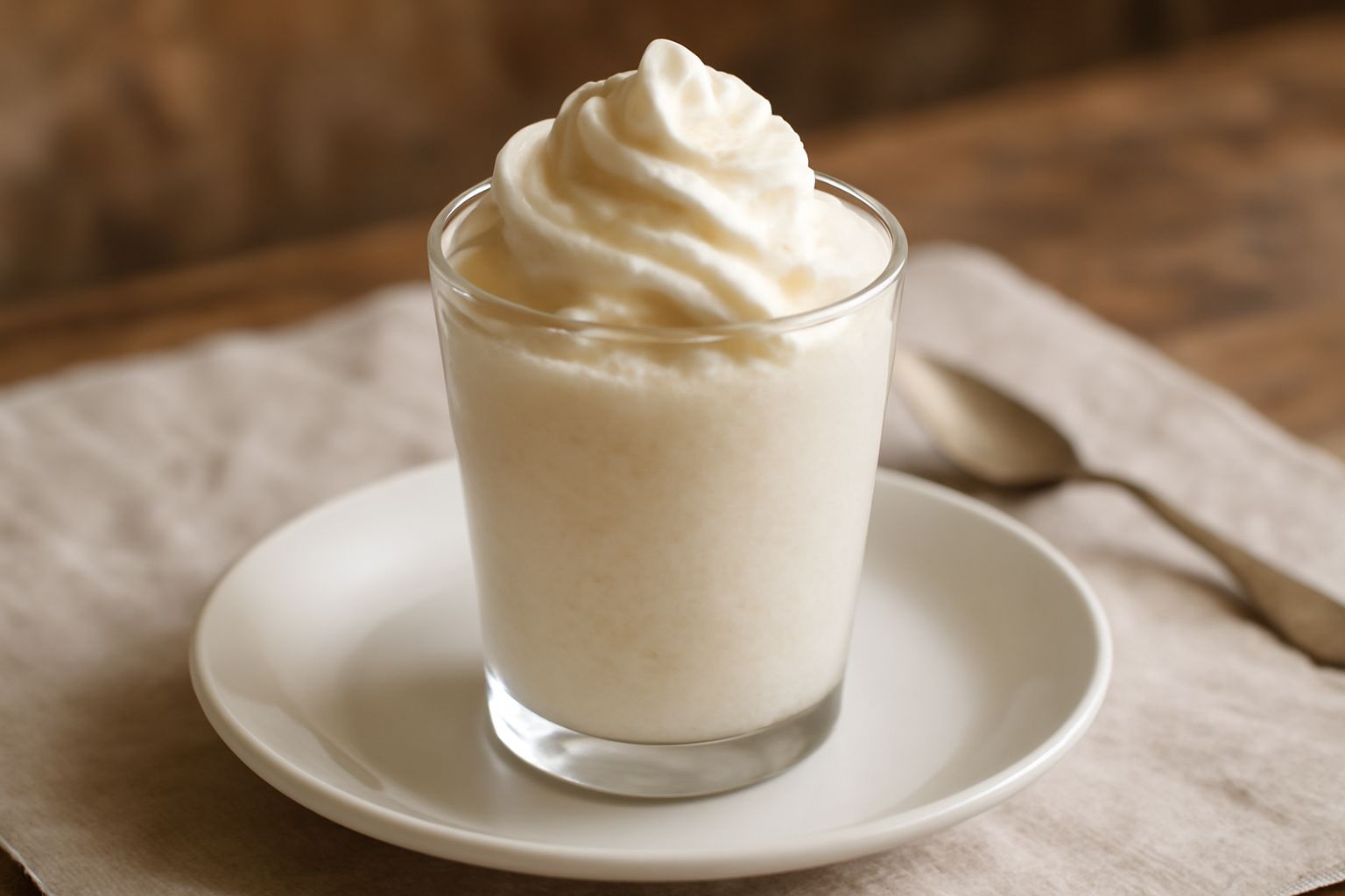 Bicchiere di vetro con granita di mandorla bianca e cremosa, ricoperta di panna montata ondulata, guarnita con una mandorla intera, su piatto azzurro con cucchiaio piccolo di metallo
