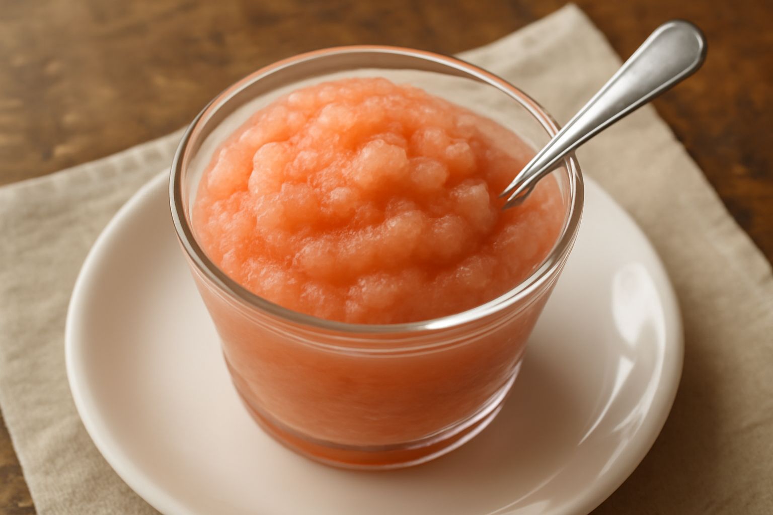 Coppetta di granita di nespola dal colore arancio-rosa salmone, con cristalli di ghiaccio cremosi in superficie, decorata con una foglia di menta fresca e un frutto di nespola intera, su tavolo di leg