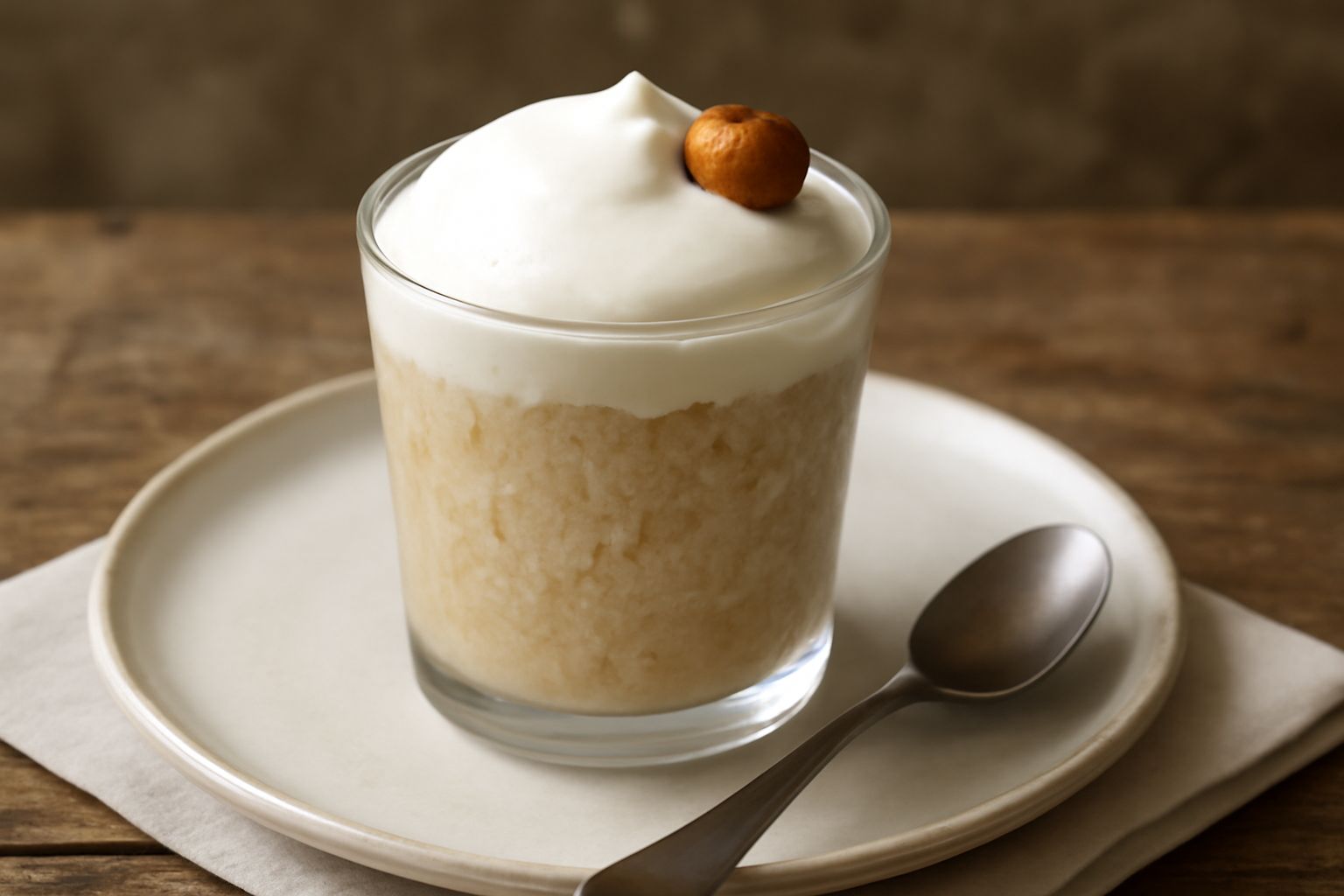 Granita di nocciola in bicchiere di vetro trasparente, color beige chiaro, con cristalli di ghiaccio visibili, sormontata da schiuma bianca di latte montato, nocciola intera e scaglie tostate posate s