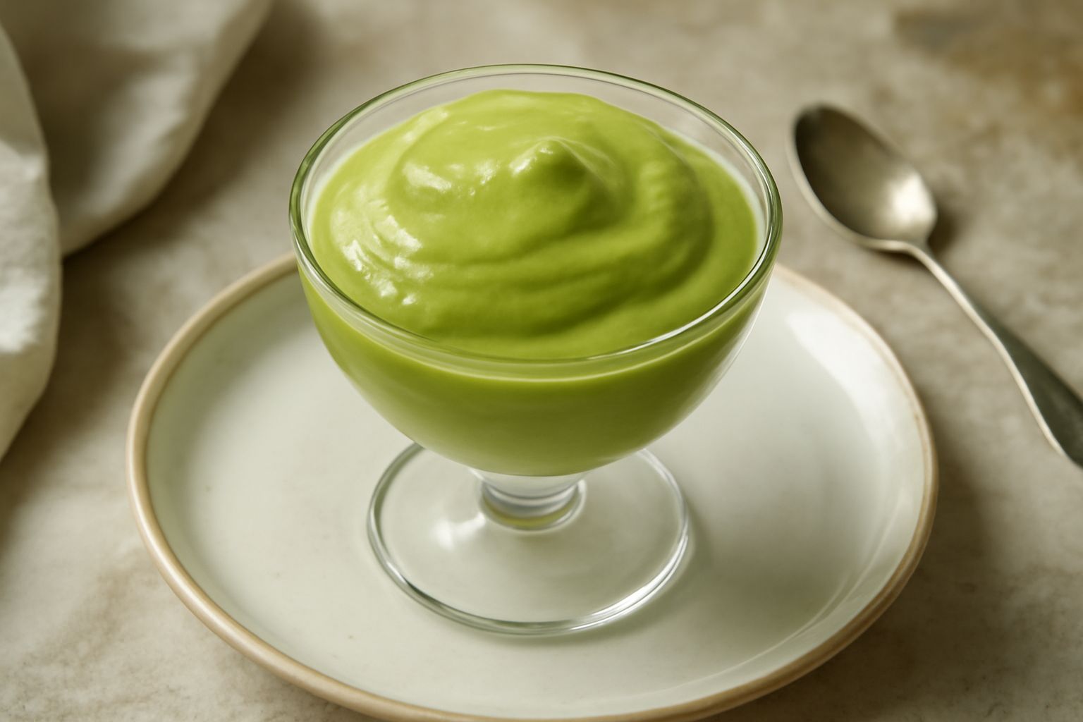 Granita di pistacchio in coppa di vetro trasparente, di colore verde naturale intenso, cremosa e morbida, servita con una brioche bianca accanto su piatto bianco