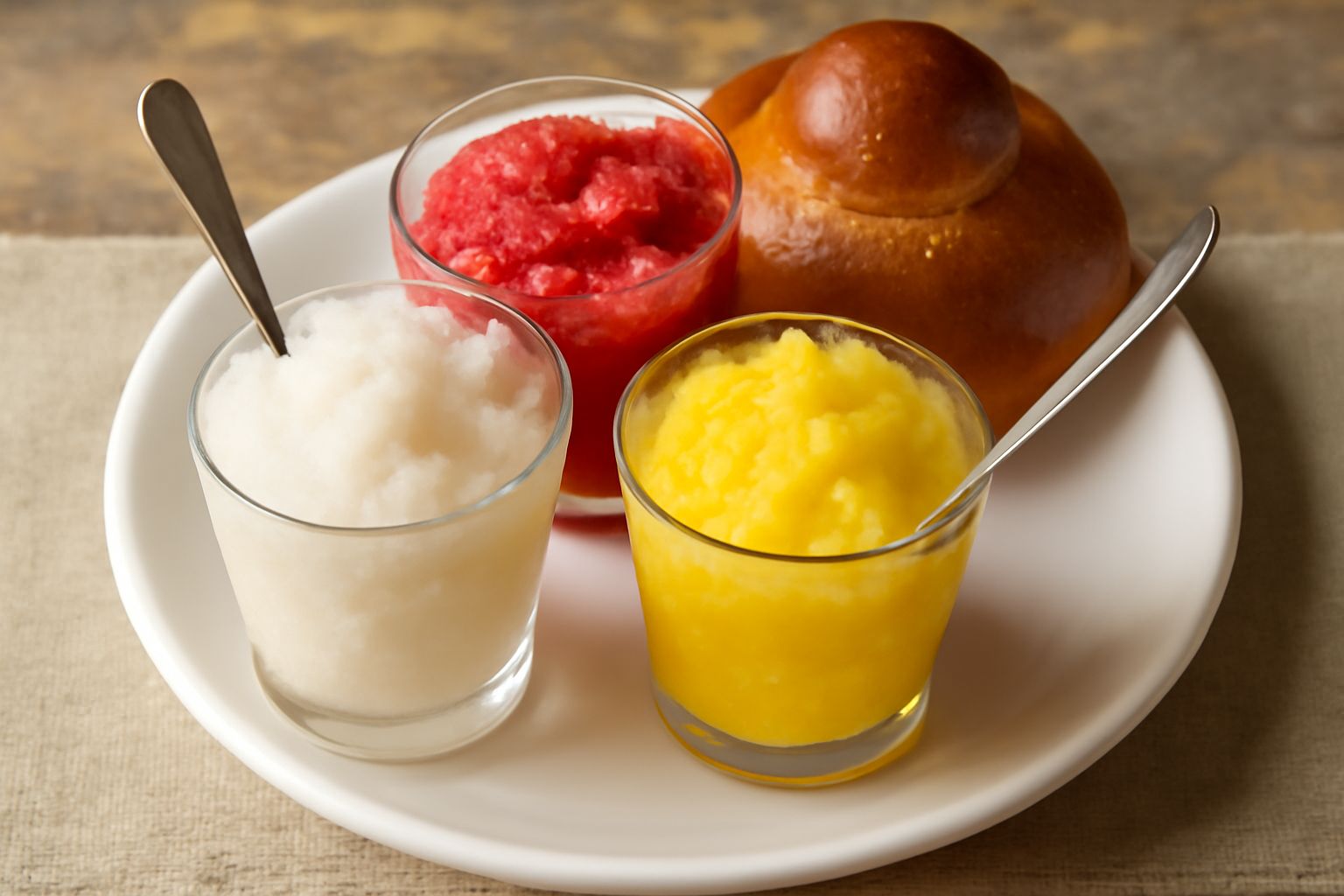 Tre bicchieri alti con granite diverse: una bianca cremosa con mandorla tritata, una rosa pallido con fragole fresche, una marrone scuro con panna montata, garnish di menta fresca e biscotto sul bordo