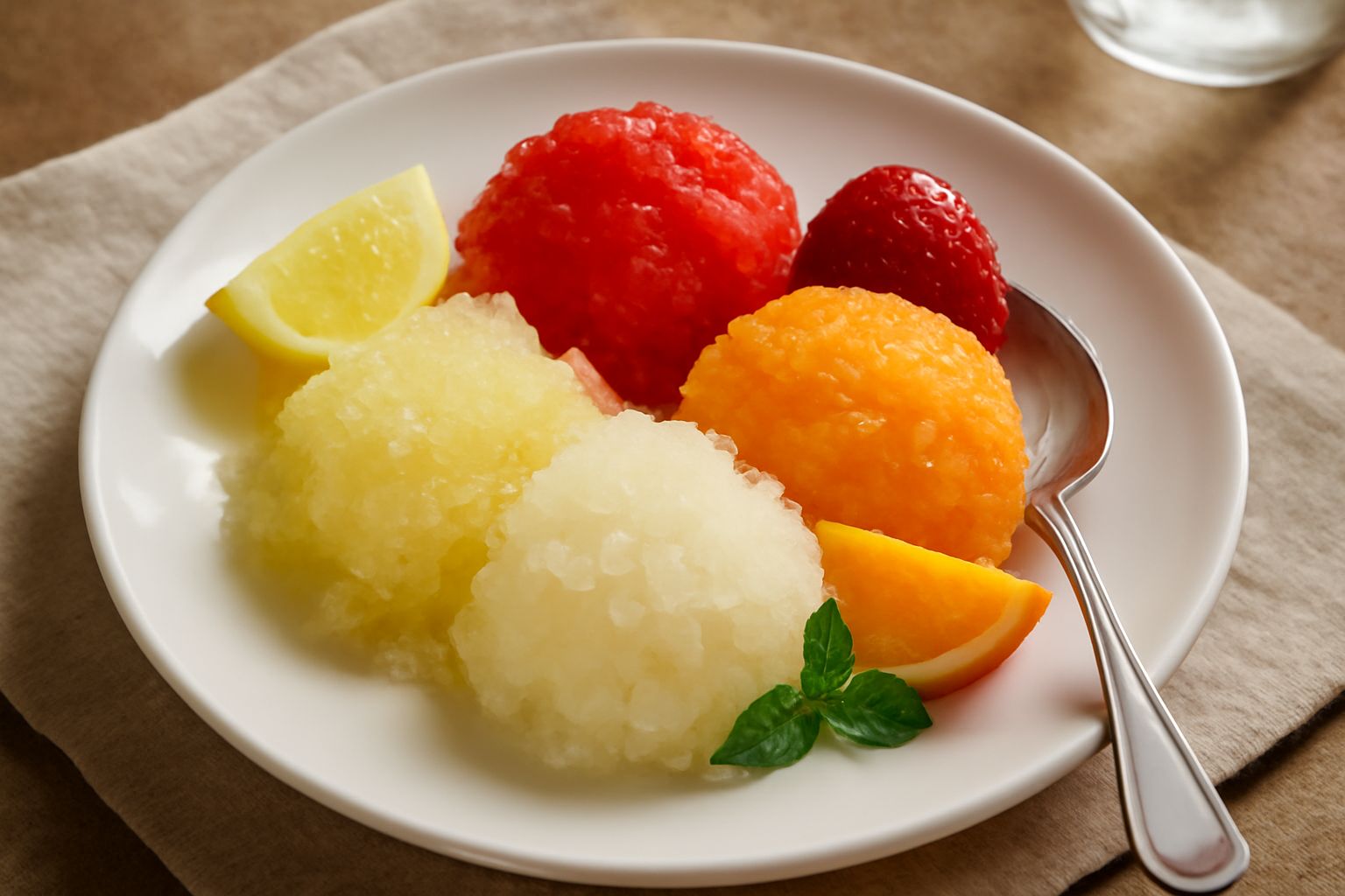 Coppa di granita al limone con cristalli di ghiaccio grandi visibili, servita in coppetta di vetro bianca con cucchiaino, accanto a coppetta di sorbetto alla fragola rosso cremoso con foglia di menta 