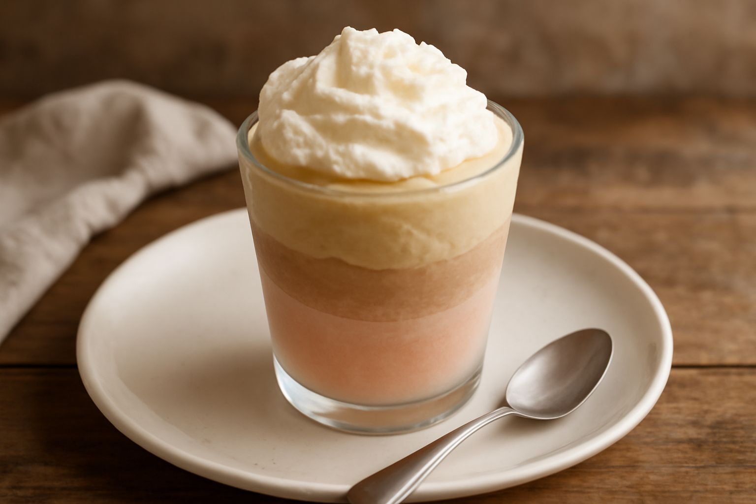 Granita gelata modicana in bicchiere di vetro trasparente con strati di granita rosa e cremosa, sciroppo colorato rosso scuro o nocciola, guarnita con panna bianca sulla sommità, su fondo bianco
