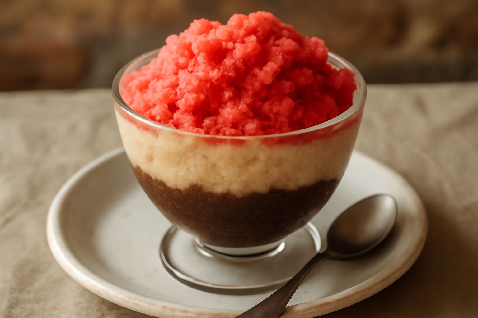 Tre ciotole di ceramica bianca contengono granite miste: una marrone scura di caffè, una beige di mandorla, una rossa di fragola, con cristalli di ghiaccio visibili in superficie e un cucchiaio di leg