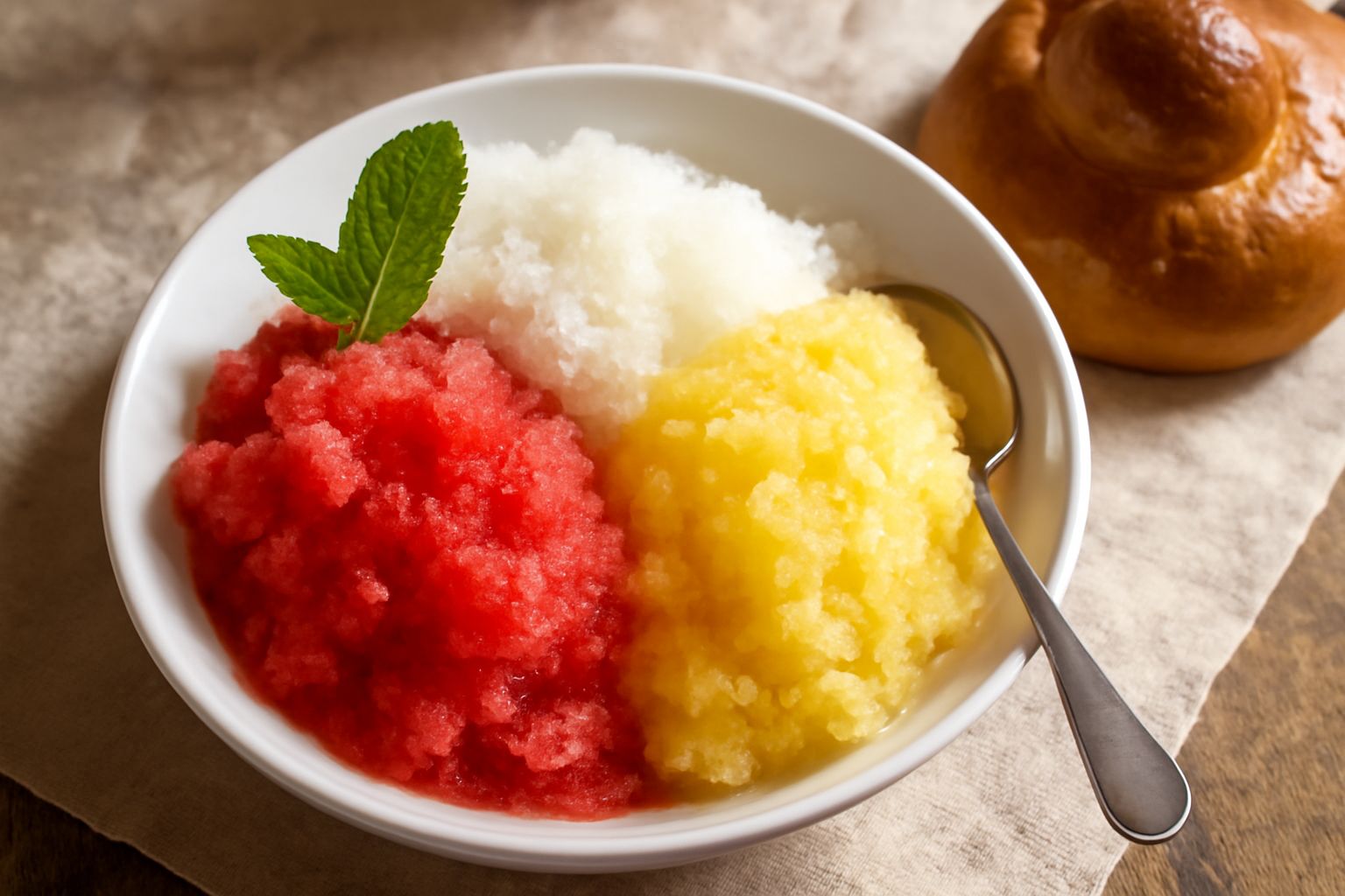 Tre ciotole di ceramica con granite di colore diverso: una gialla limone, una marrone caffè e una rosa fragola, coperte di cristalli di ghiaccio, cucchiai di legno dentro, su tavolo di marmo bianco co