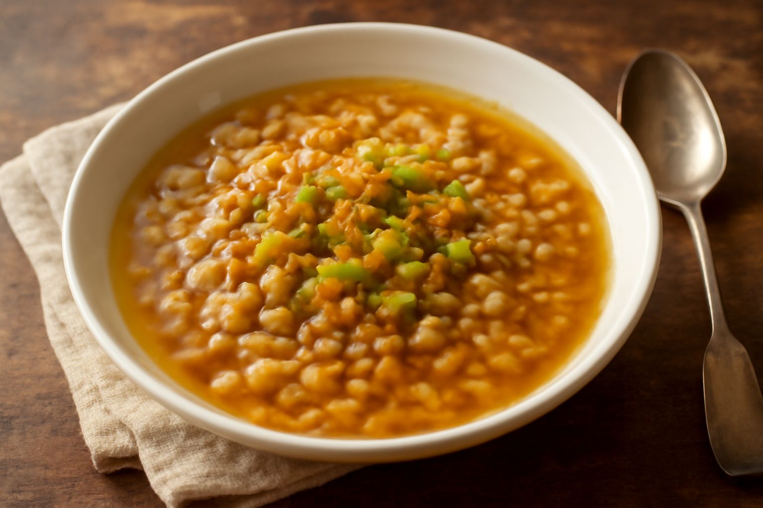 Ciotola di terracotta con grano morbido in brodo marrone chiaro, chicchi visibili in superficie, gambo di sedano verde a lato, pane integrale sullo sfondo
