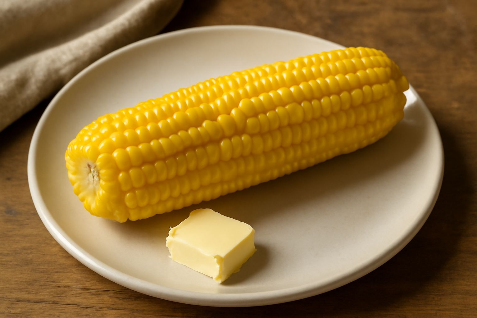 Pannocchia di granoturco appena lessata, giallo intenso, su un piatto bianco con alcuni chicchi staccati, contorno di prezzemolo fresco tritato
