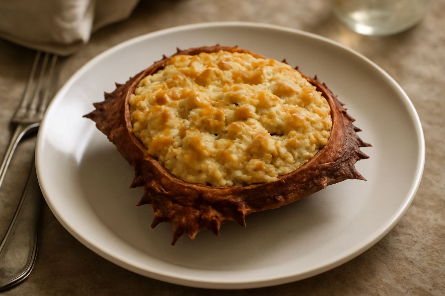 Granseola ripiena intera presentata su piatto bianco con limone fresco, polpa beige e dorata che fuoriesce dal carapace scuro, bordo di prezzemolo verde