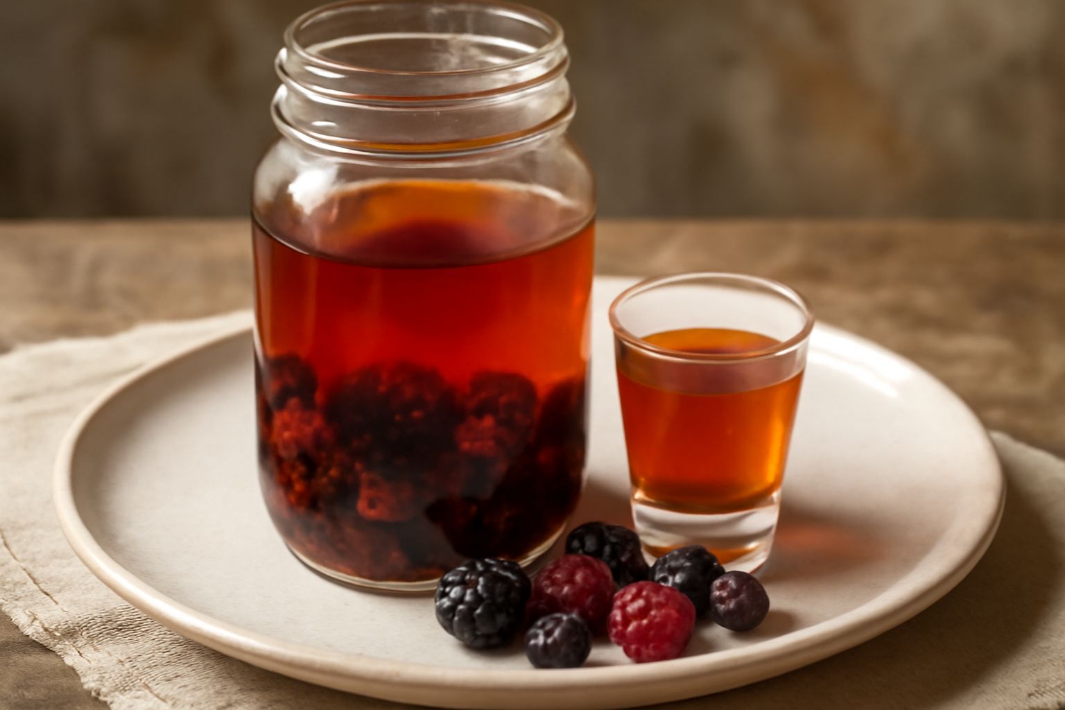 Bottiglia di vetro trasparente con grappa color rubino intenso, contenente frutti di bosco scuri (lamponi, more, mirtilli) in sospensione, contornata da frutti freschi sparsi su un tavolo di legno scu