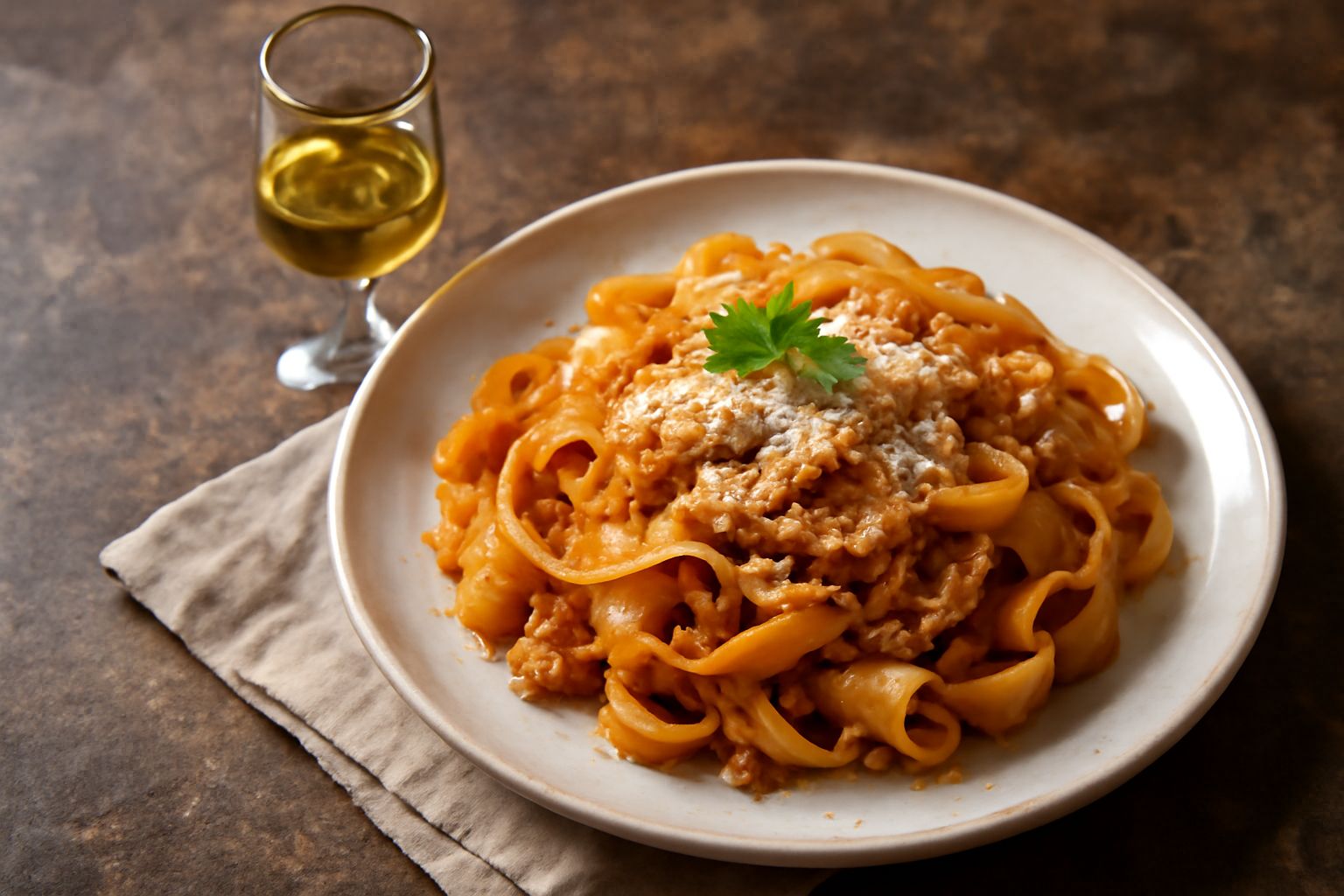 Bicchiere di grappa trasparente e cristallina su fondo di legno scuro, accanto a un grappolo d'uva bianca e bottiglie di vetro ambrato con etichette rustiche
