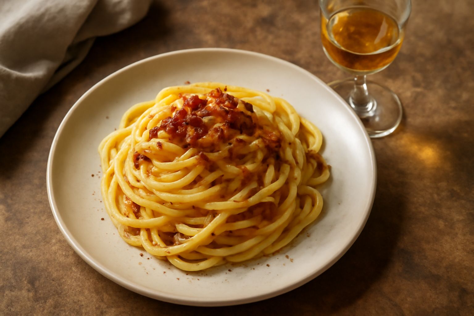 Bicchierino di grappa trasparente con riflessi ambrati, posato su superficie in legno scuro accanto a un mazzo di acini d'uva rossa e una bottiglia in vetro verde