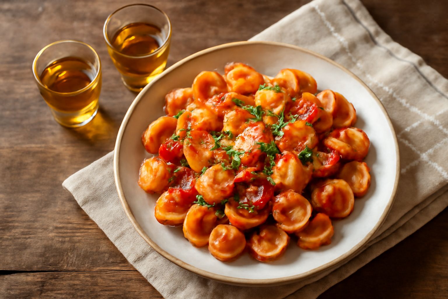 Bicchierini di vetro trasparente con grappa color ambra chiaro, pieni a metà, su un tavolo di legno con una bottiglia di grappa scura sullo sfondo e qualche acino d'uva passita vicino