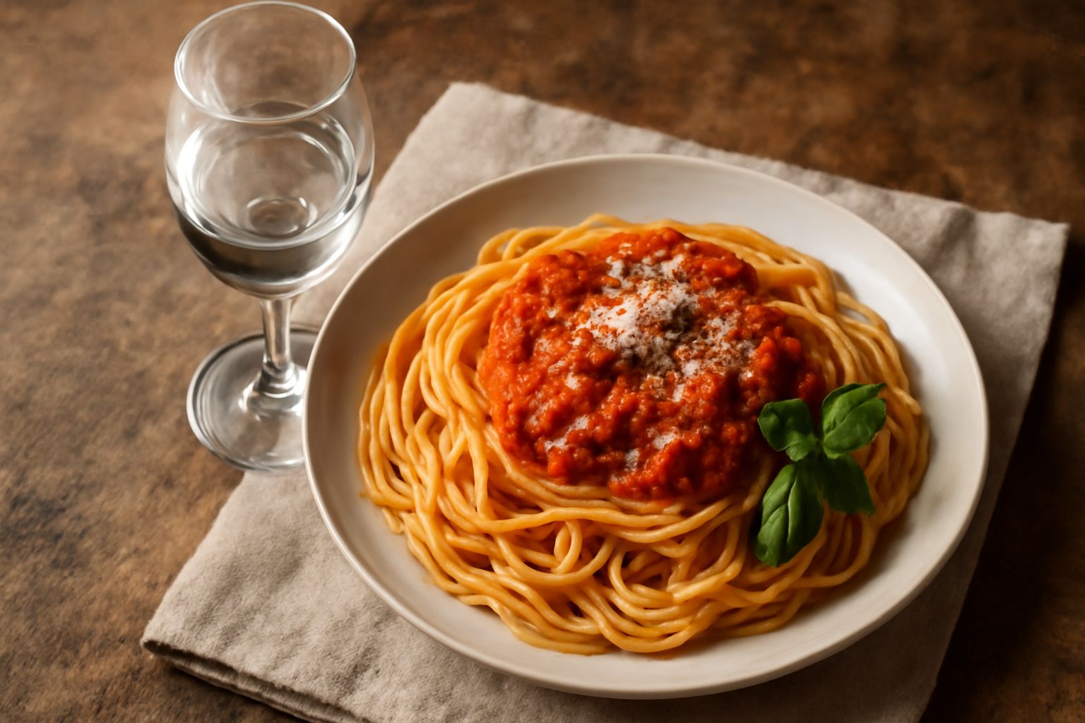 Un bicchiere di grappa trasparente e incolore con riflessi cristallini su un tavolo di legno scuro, con bottiglie di grappa e grappoli d'uva rossi sullo sfondo sfocato