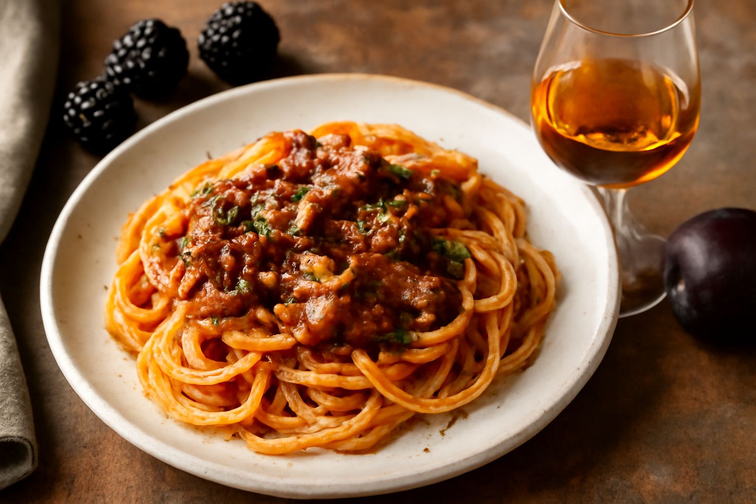Grappa di Brunello trasparente e dorata in bicchiere di cristallo basso, con vinaccio tinto in sottofondo e bottiglia di vetro scuro sulla destra