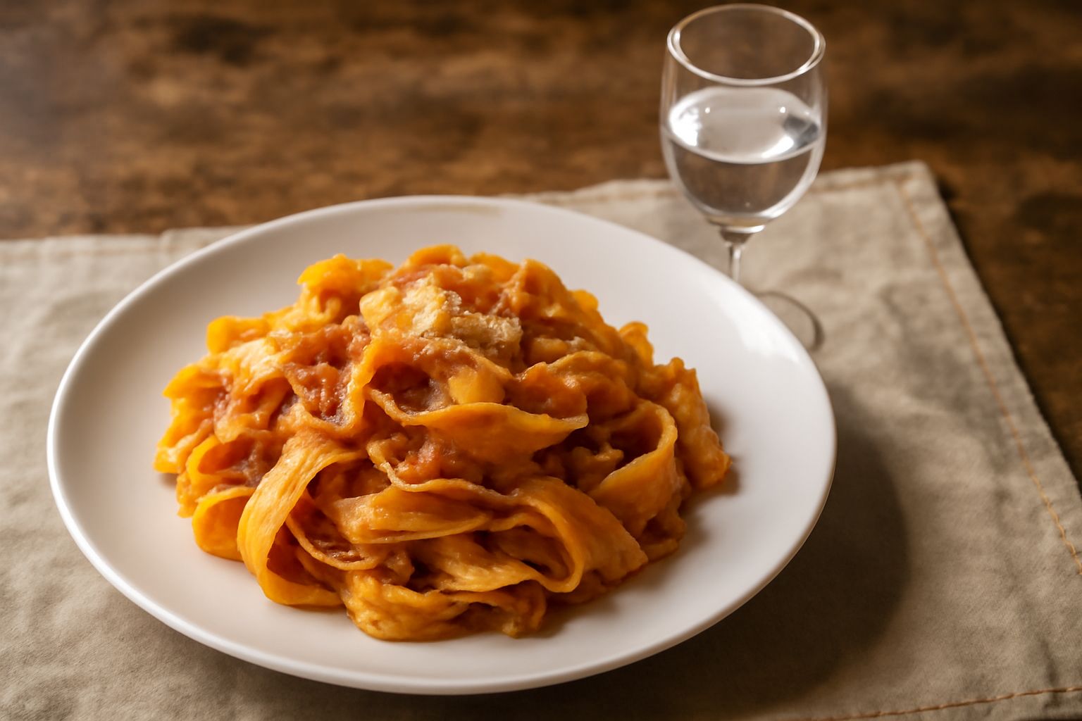 Bicchiere di grappa trasparente e incolore su fondo di legno scuro, accanto a grappoli di uva rossa Sangiovese e vinacce fermentate in una ciotola di ceramica