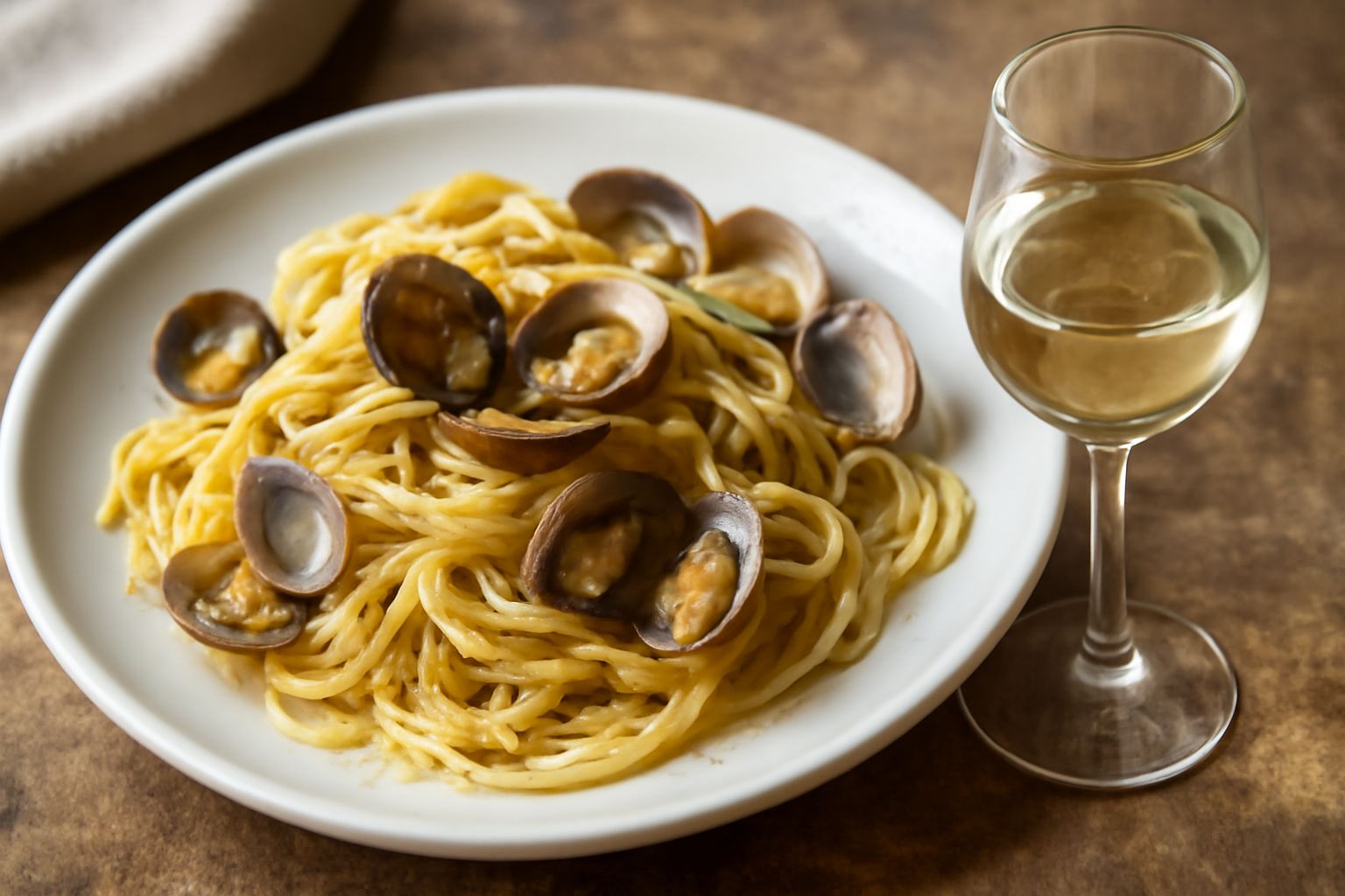 Bicchiere di grappa trasparente con riflessi ambrati su tavolo di legno scuro, accanto a grappolo d'uva bianca e vinaccioli secchi in ciotola di ceramica