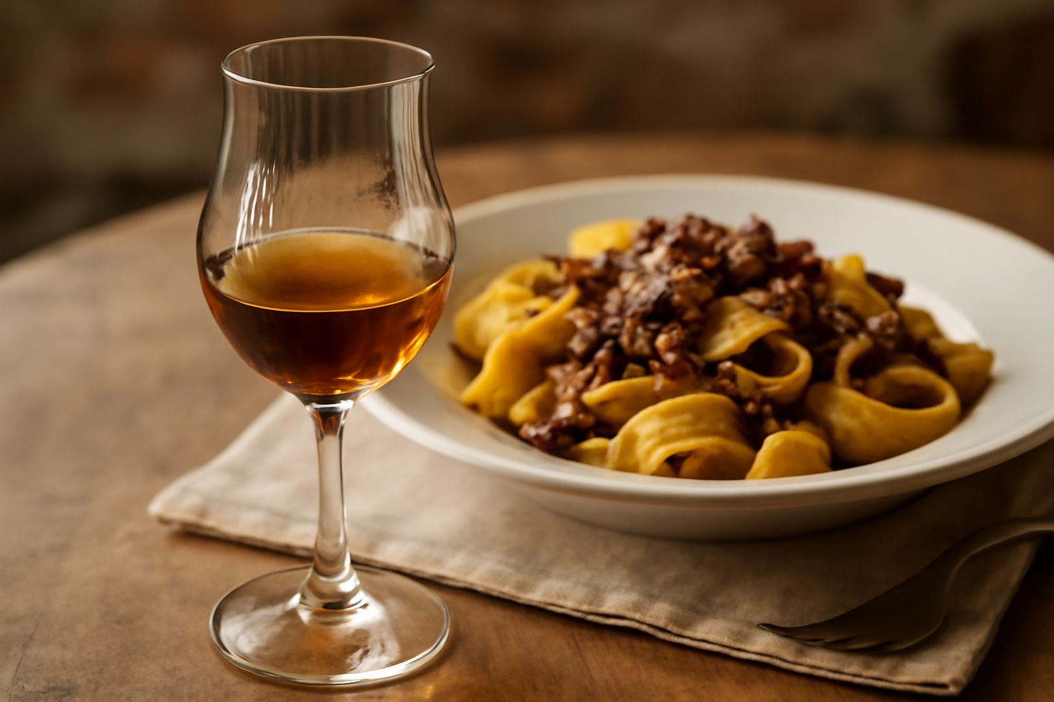 Bicchiere di grappa trasparente color ambra chiaro con dentro un rametto di rosmarino fresco, posato su un tavolo di legno accanto a grappoli d'uva Dolcetto scuri.