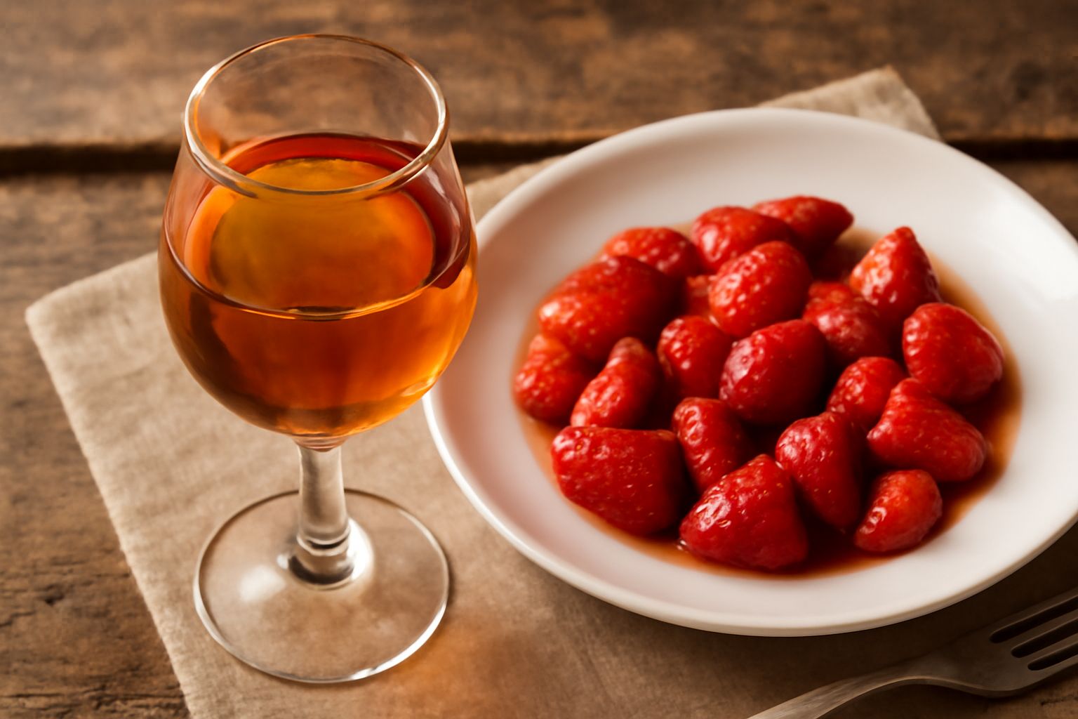 Bottiglia di vetro scuro riempita a metà con liquido trasparente color ambrato, fragole rosse fresche intorno alla base, su tavolo di legno naturale con luce naturale