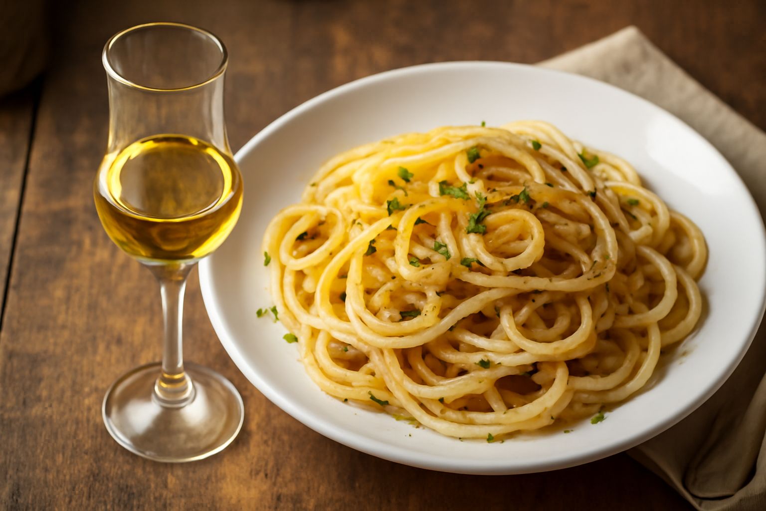 Bicchiere trasparente di grappa incolore con riflessi dorati, seduto su un tavolo di legno scuro, con una bottiglia di grappa sullo sfondo e alcune vinacce secche accanto