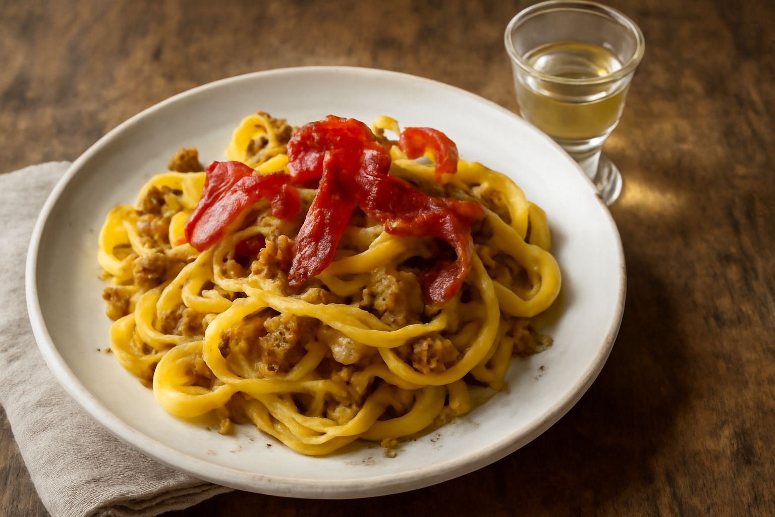 Bicchiere di grappa trasparente e incolore su tavolo di legno, con bottiglia di vetro verde sfocata sullo sfondo e grappoli d'uva secca accanto