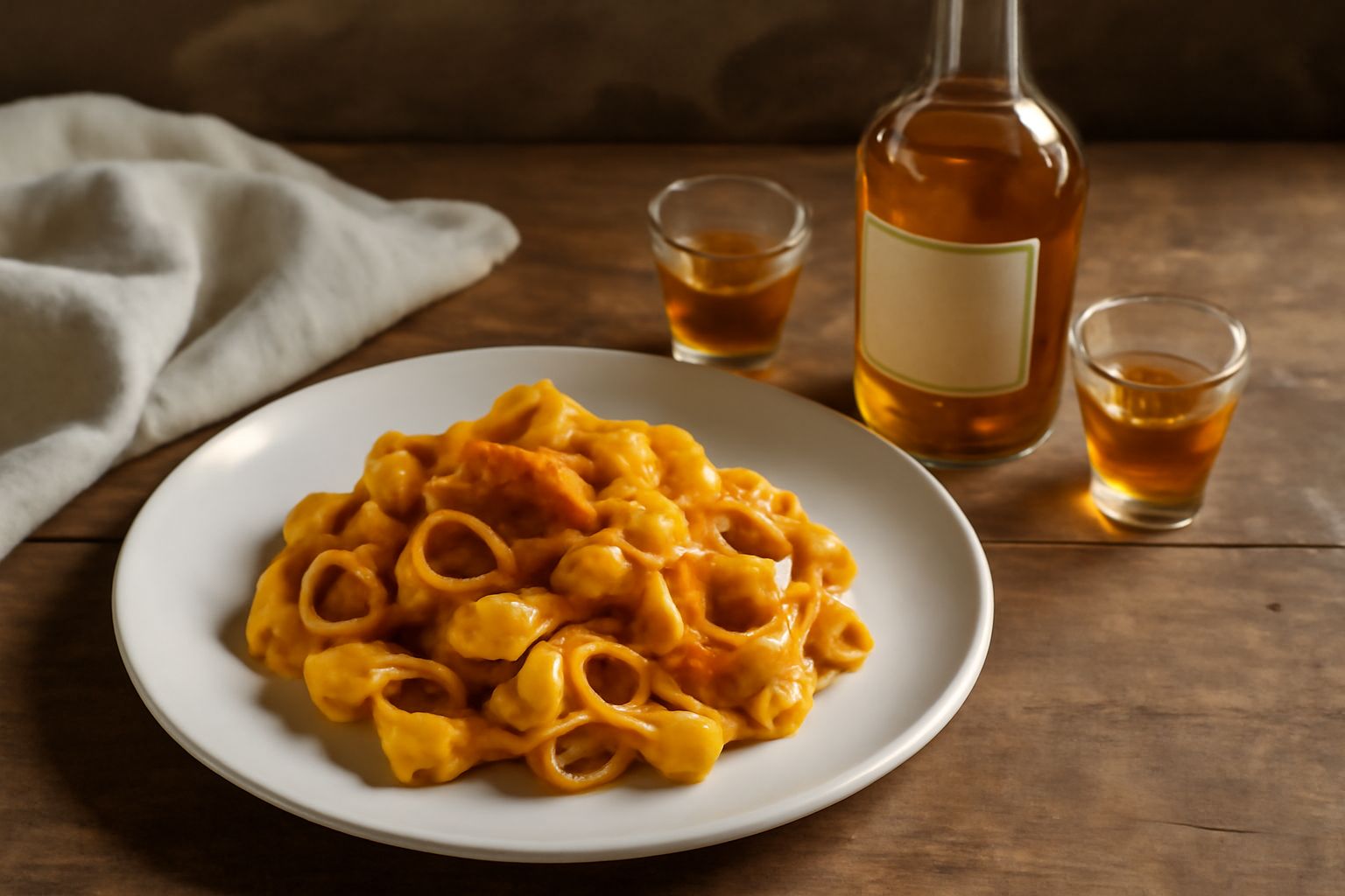 Bottiglia di grappa lombarda con etichetta tradizionale, contenuto trasparente e ambrato, servita in bicchierino tulipano su tavolo di legno scuro con grappolo d'uva bianca accanto