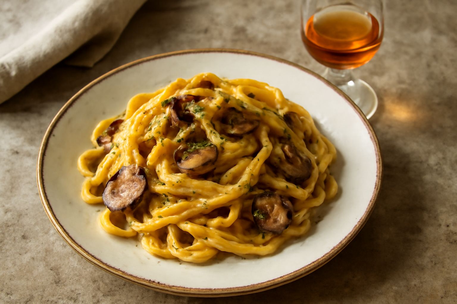 Bottiglia di vetro scuro con grappa di Marsala dorata e trasparente, circondata da bucce d'arancia disidratate, bacche di ginepro e rami di rosmarino su un tavolo di legno naturale