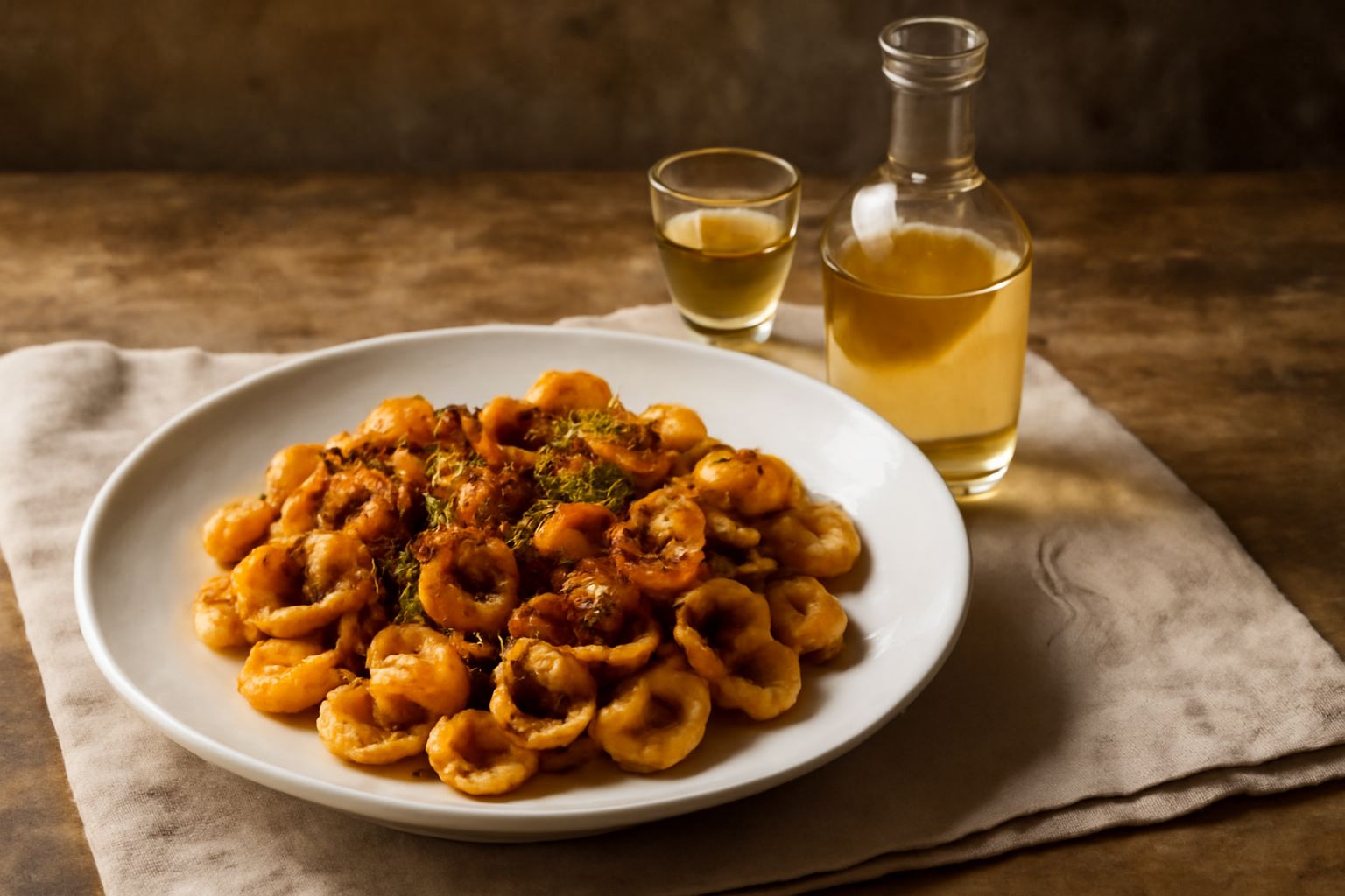 Bottiglia di grappa trasparente con riflessi dorati, contenente un liquido limpido, circondata da grappoli d'uva rossa e vinaccia, su sfondo di legno scuro