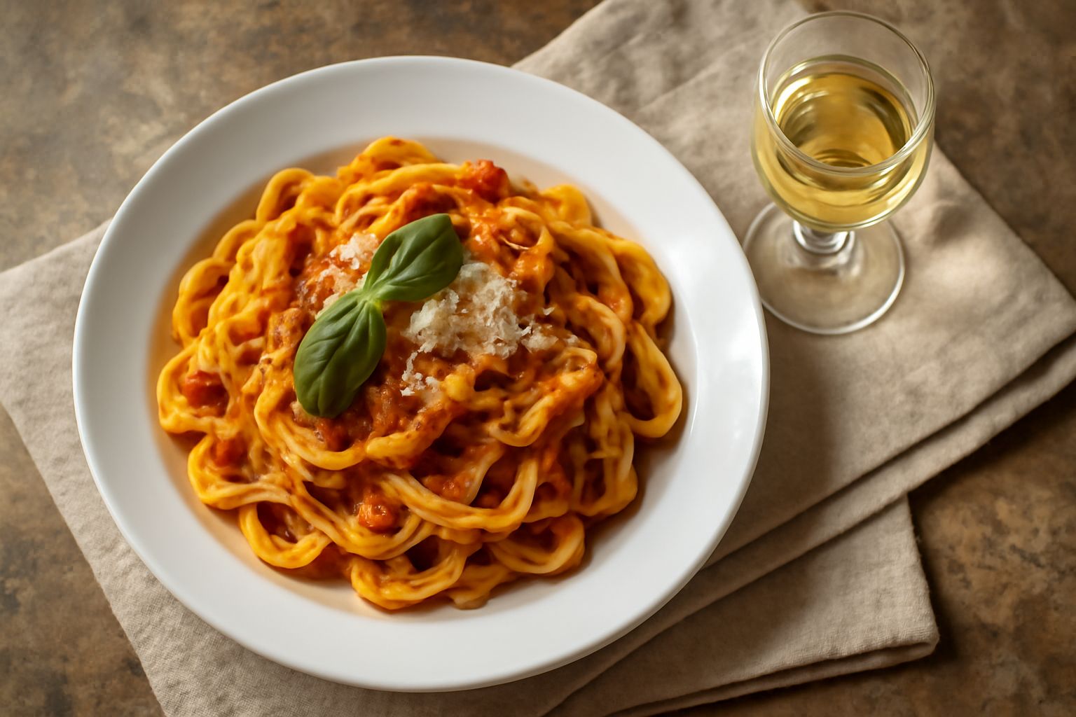 Bicchiere di grappa trasparente e incolore su tavolo di legno, con sfondo di grappoli d'uva Moscato bianca e vinaccia fresca in un contenitore di vetro