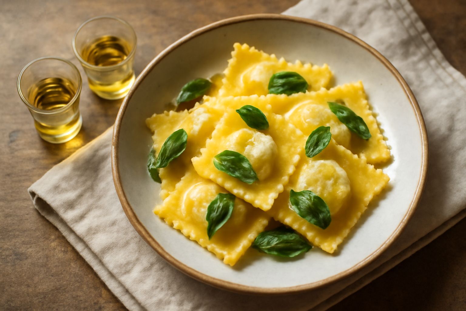 Bicchiere di grappa trasparente su tavolo di legno scuro, con vinaccioli e uva moscato sullo sfondo sfocato